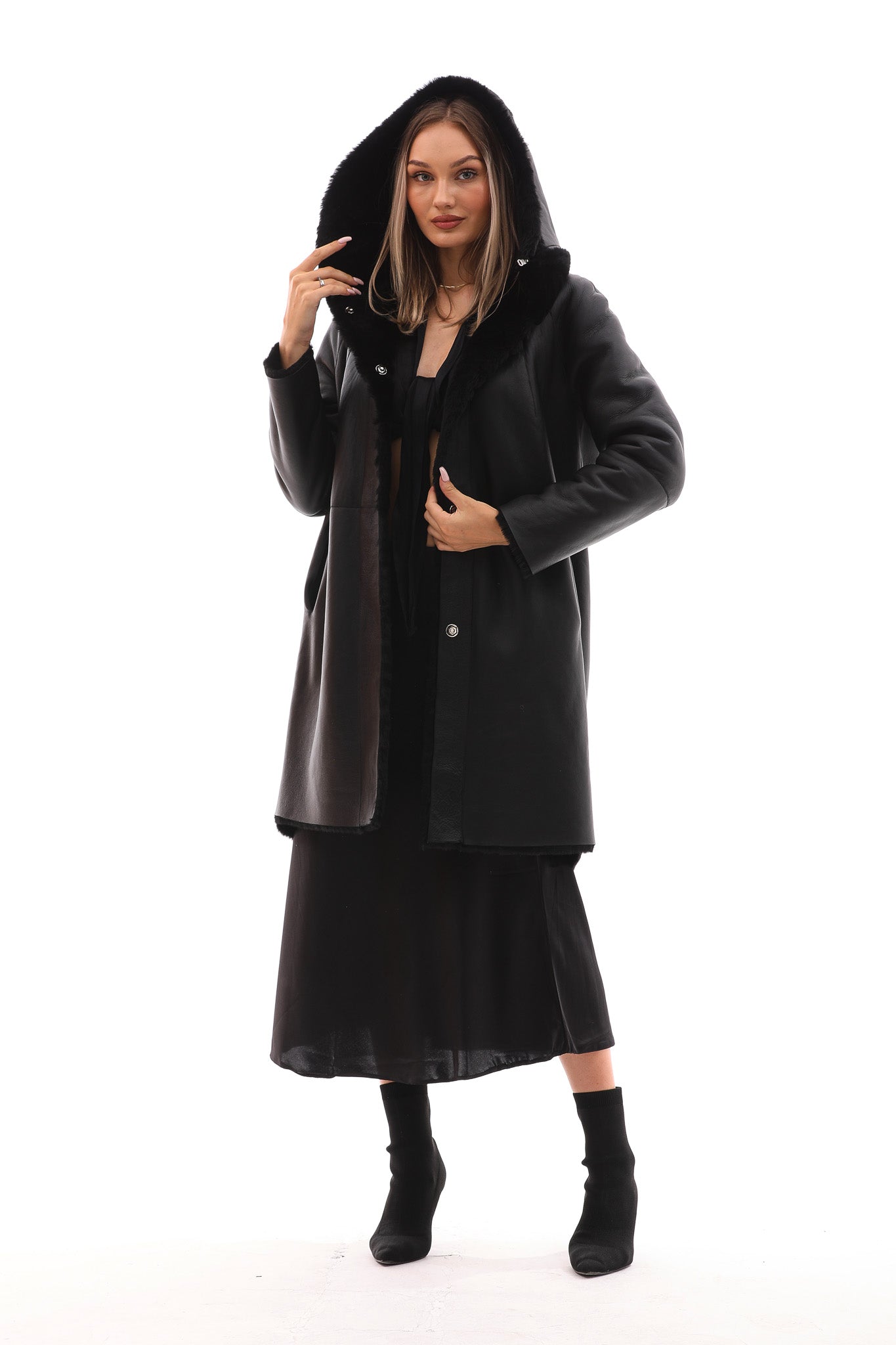 The Noctura Reversible Hooded Shearling Leather Jacket For Sale