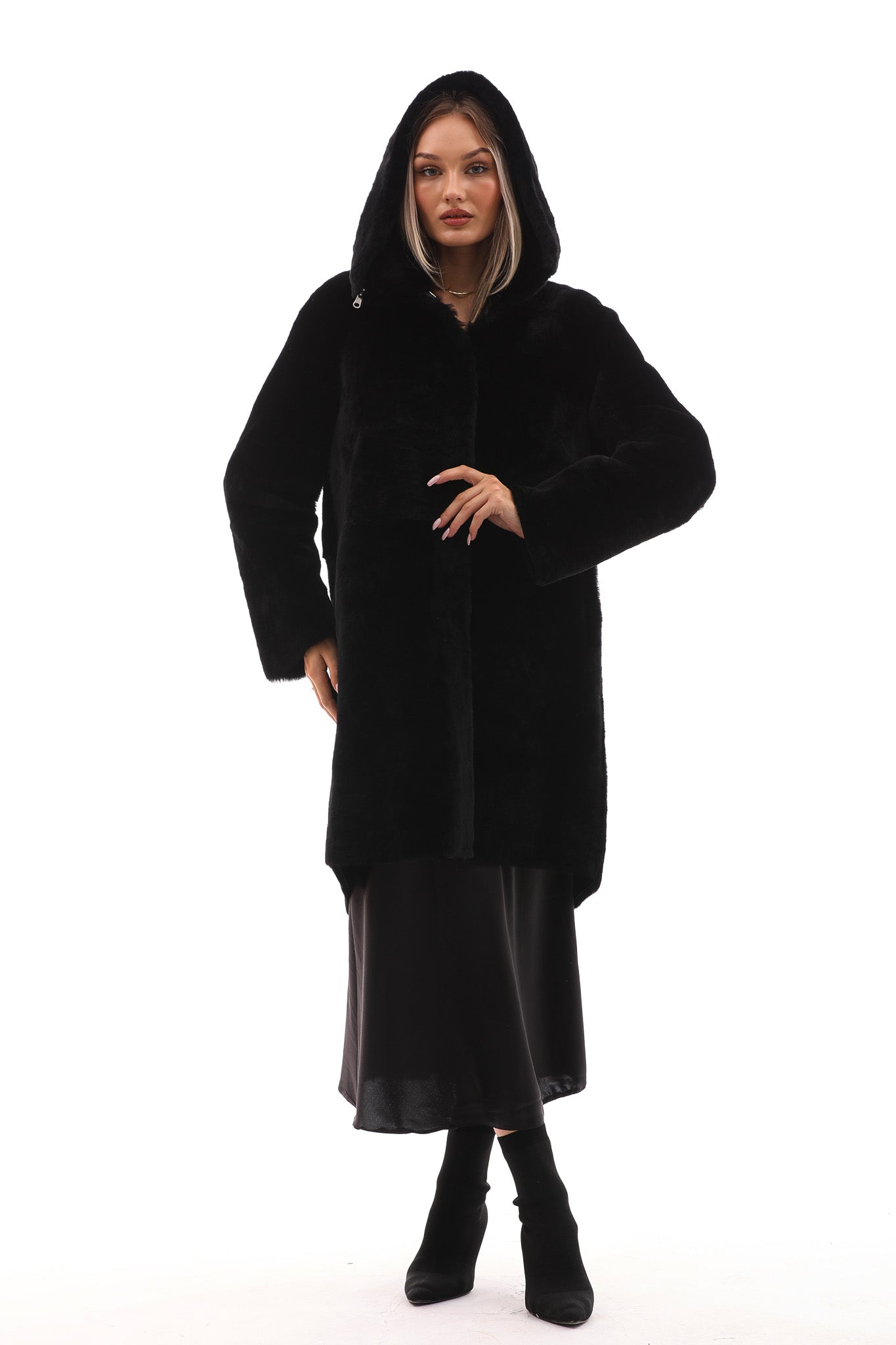 The Noctura Reversible Hooded Shearling Leather Jacket For Sale