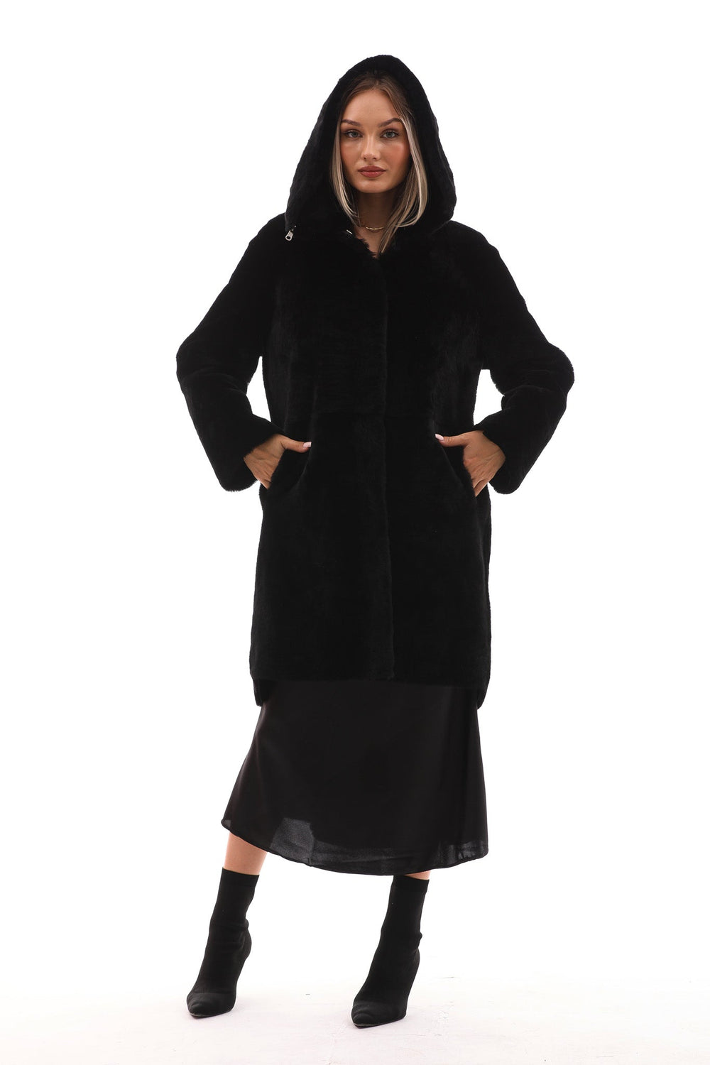 The Noctura Reversible Hooded Shearling Leather Jacket For Sale