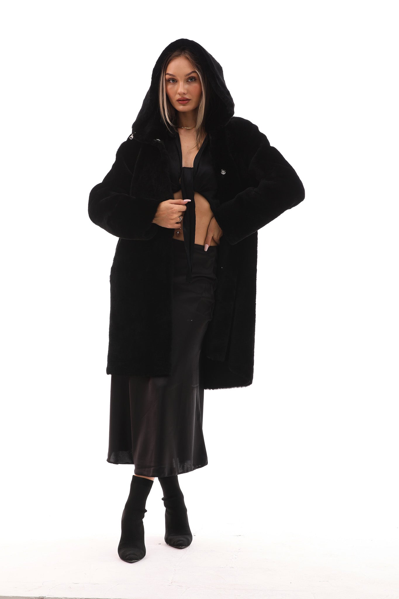 The Noctura Reversible Hooded Shearling Leather Jacket For Sale