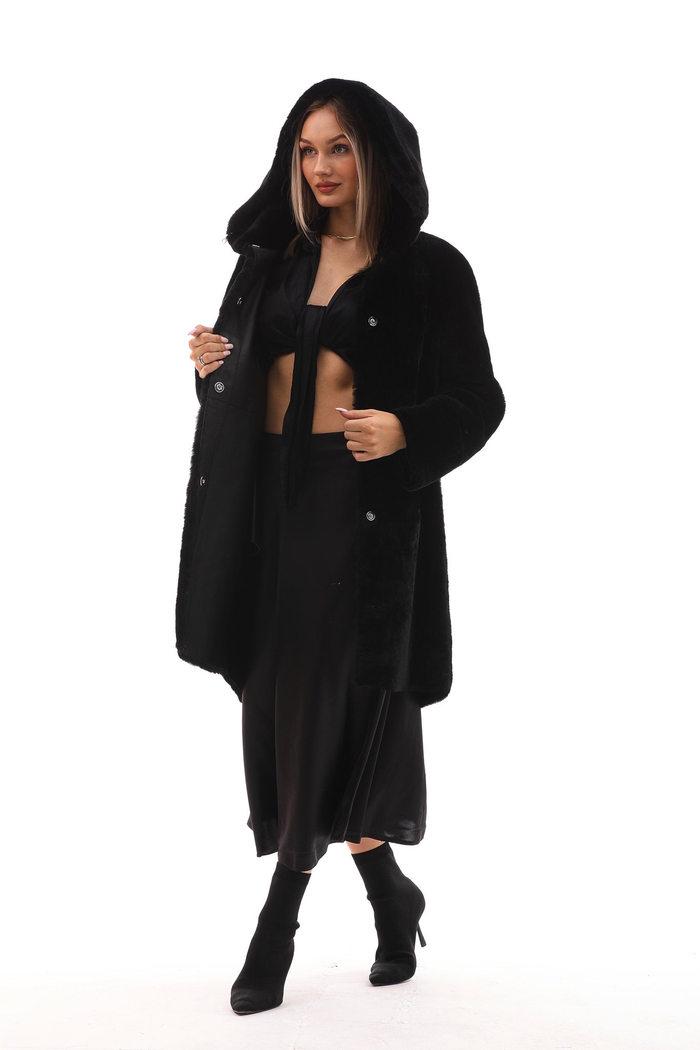 The Noctura Reversible Hooded Shearling Leather Jacket For Sale