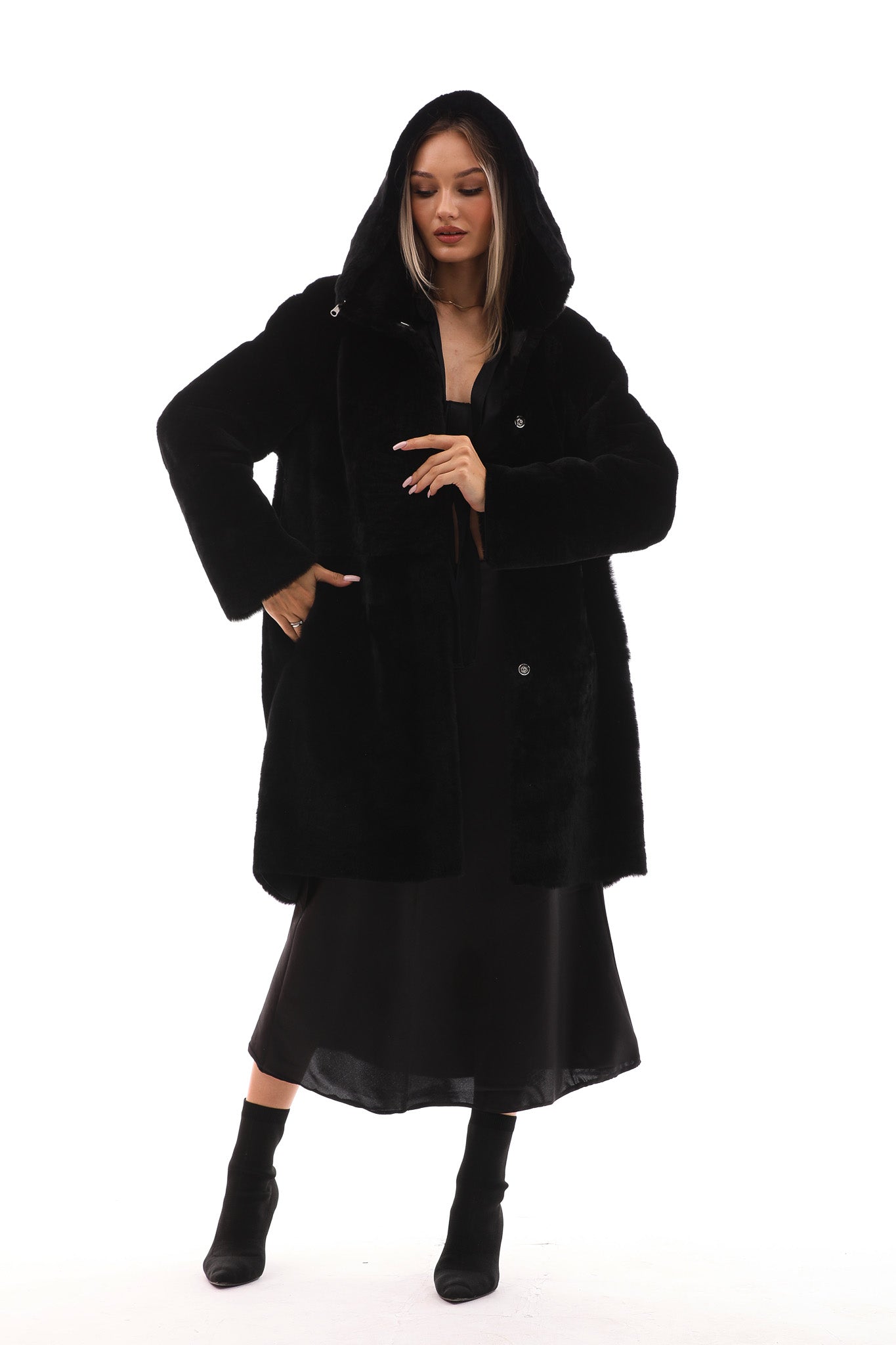 The Noctura Reversible Hooded Shearling Leather Jacket For Sale