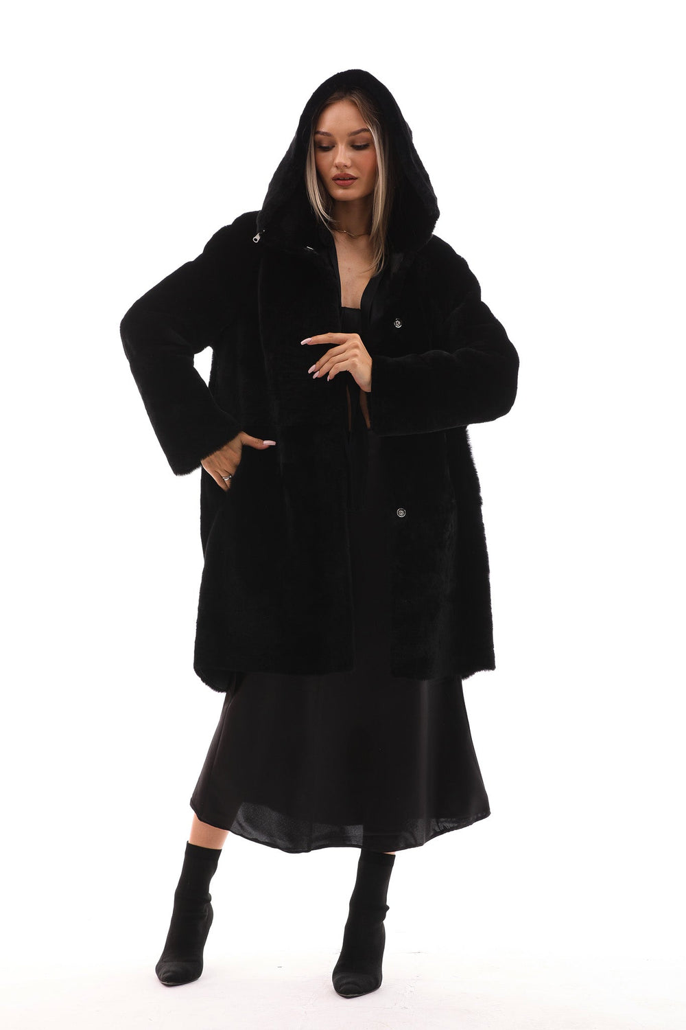 The Noctura Reversible Hooded Shearling Leather Jacket For Sale