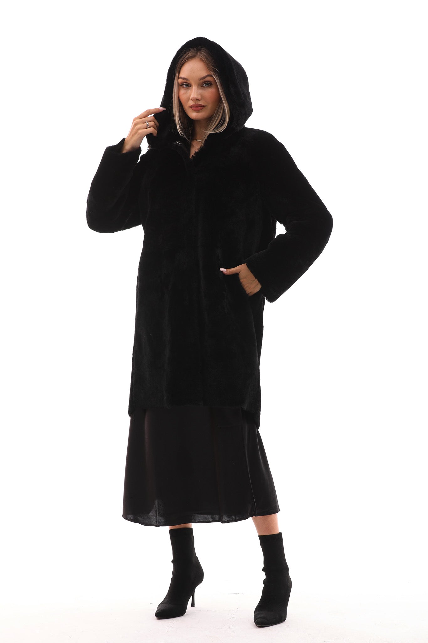 The Noctura Reversible Hooded Shearling Leather Jacket For Sale