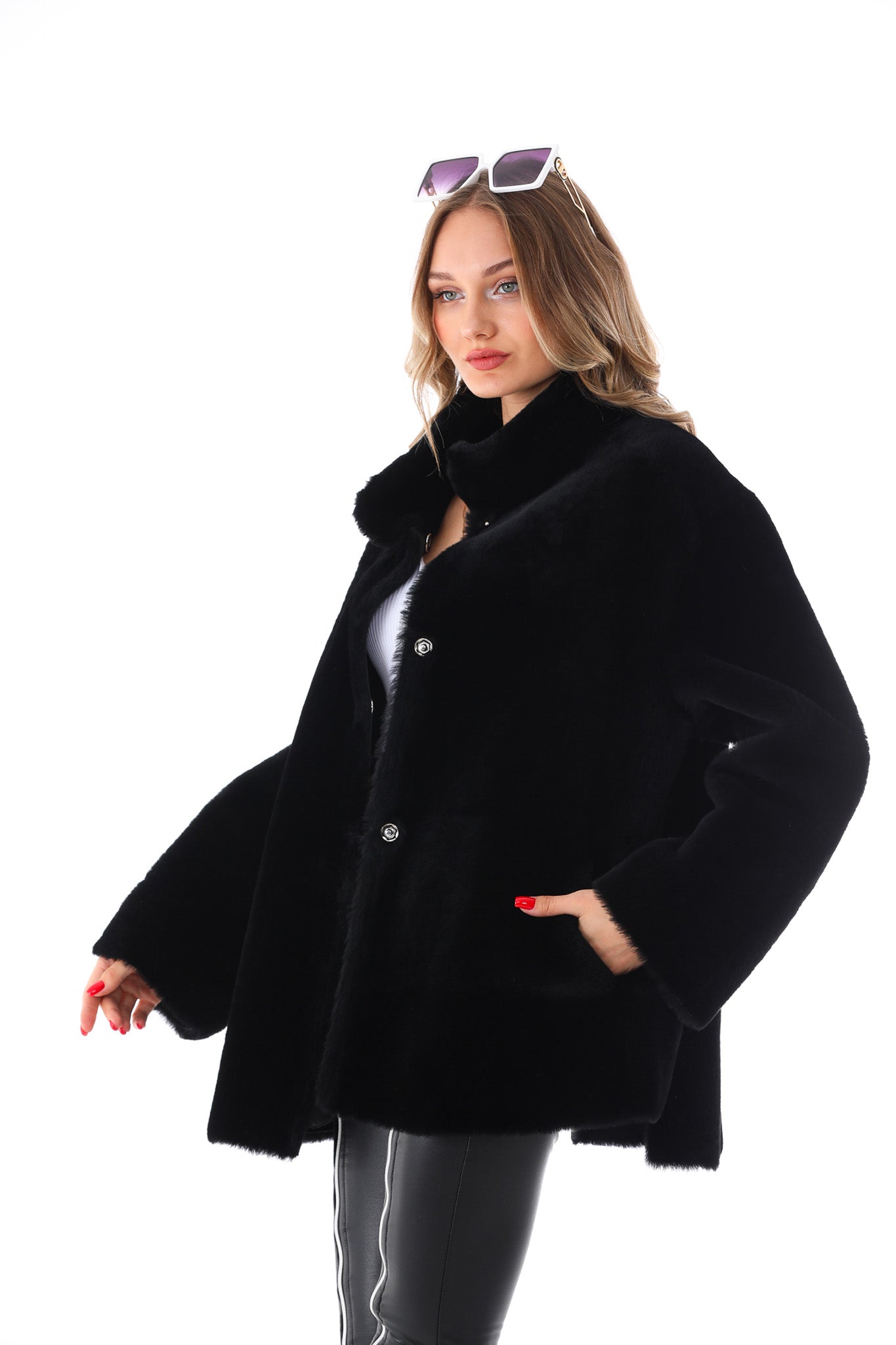 The Luxera Reversible Black Shearling Leather Jacket On Sale