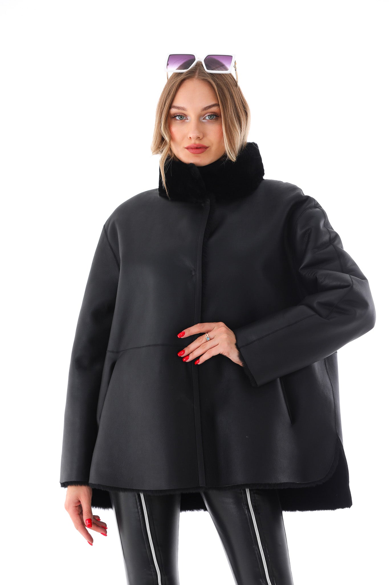 The Luxera Reversible Black Shearling Leather Jacket On Sale
