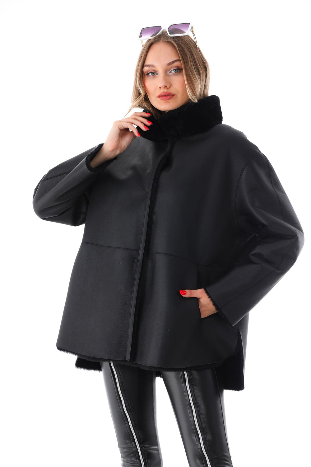 The Luxera Reversible Black Shearling Leather Jacket On Sale