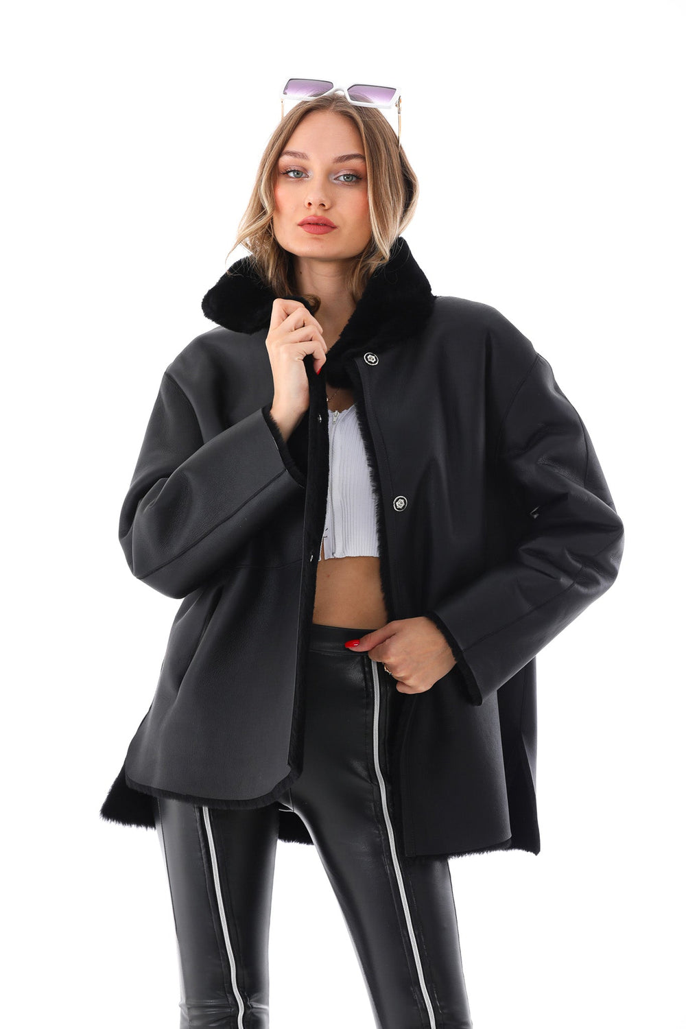 The Luxera Reversible Black Shearling Leather Jacket On Sale