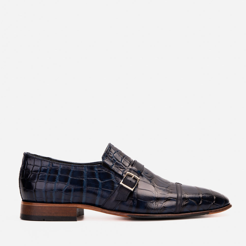 The Strat Single Monk Strap Cap Toe Navy Leather Handmade Shoe For Sale