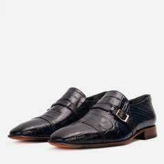 The Strat Single Monk Strap Cap Toe Navy Leather Handmade Shoe For Sale