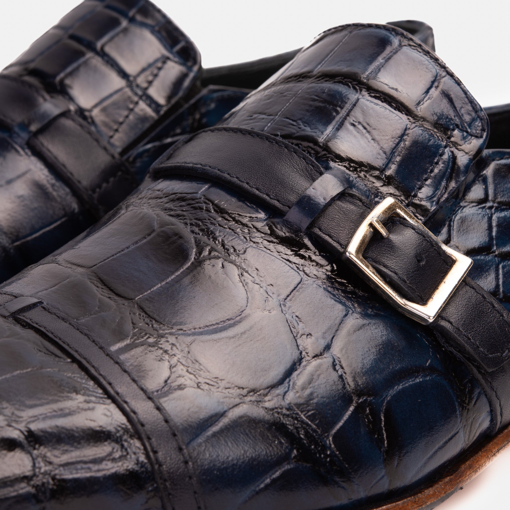 The Strat Single Monk Strap Cap Toe Navy Leather Handmade Shoe For Sale