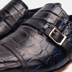 The Strat Single Monk Strap Cap Toe Navy Leather Handmade Shoe For Sale