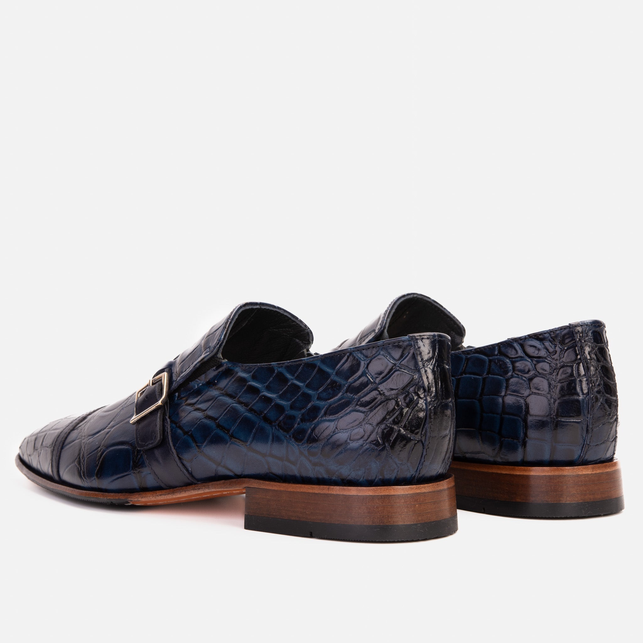 The Strat Single Monk Strap Cap Toe Navy Leather Handmade Shoe For Sale