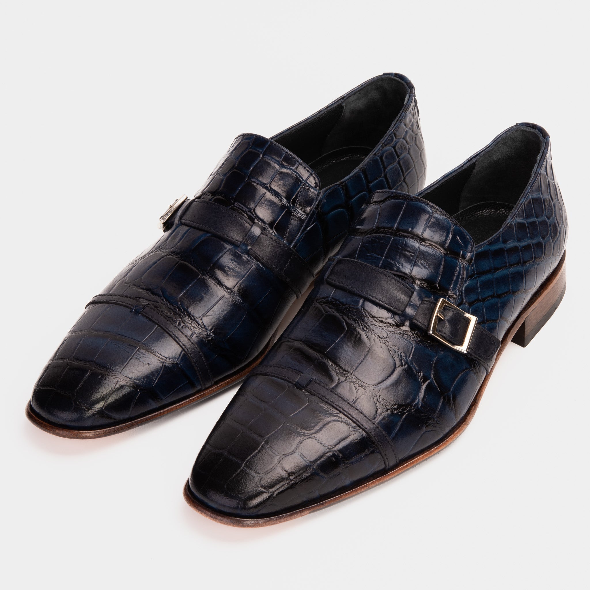 The Strat Single Monk Strap Cap Toe Navy Leather Handmade Shoe For Sale