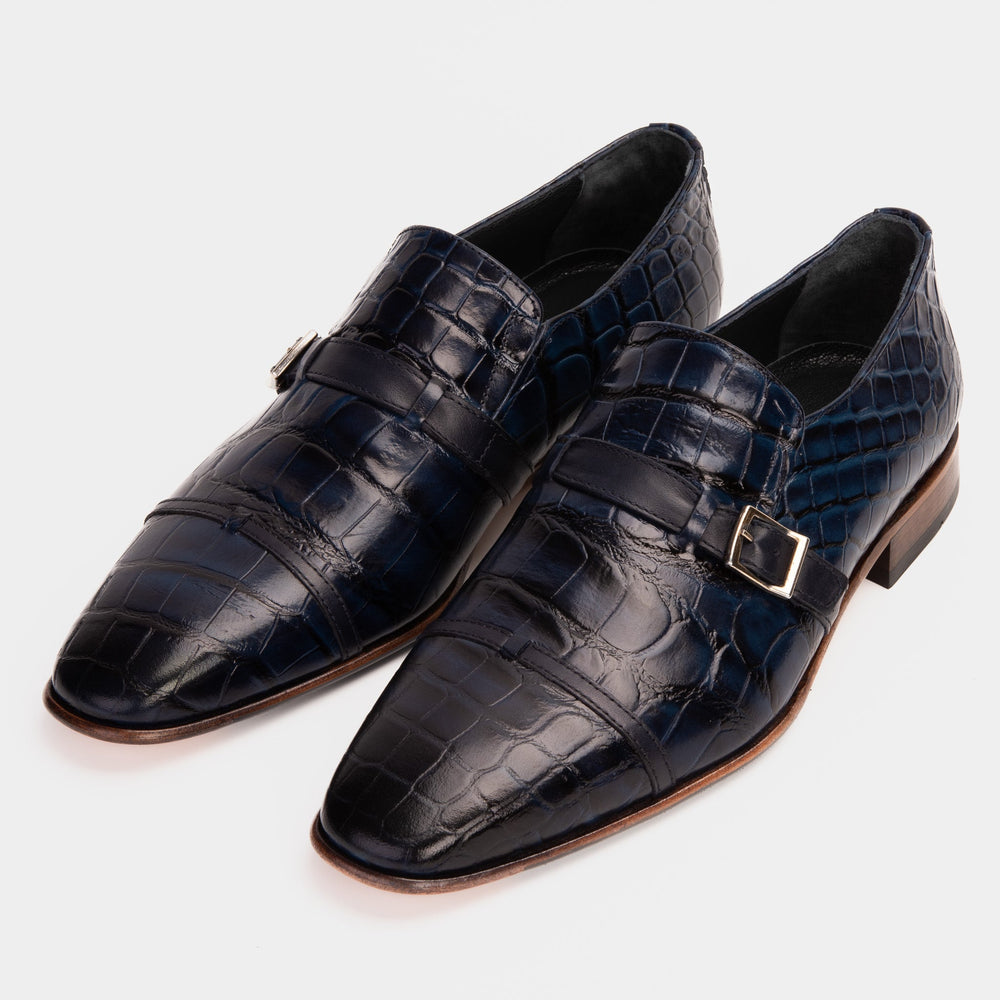 The Strat Single Monk Strap Cap Toe Navy Leather Handmade Shoe For Sale