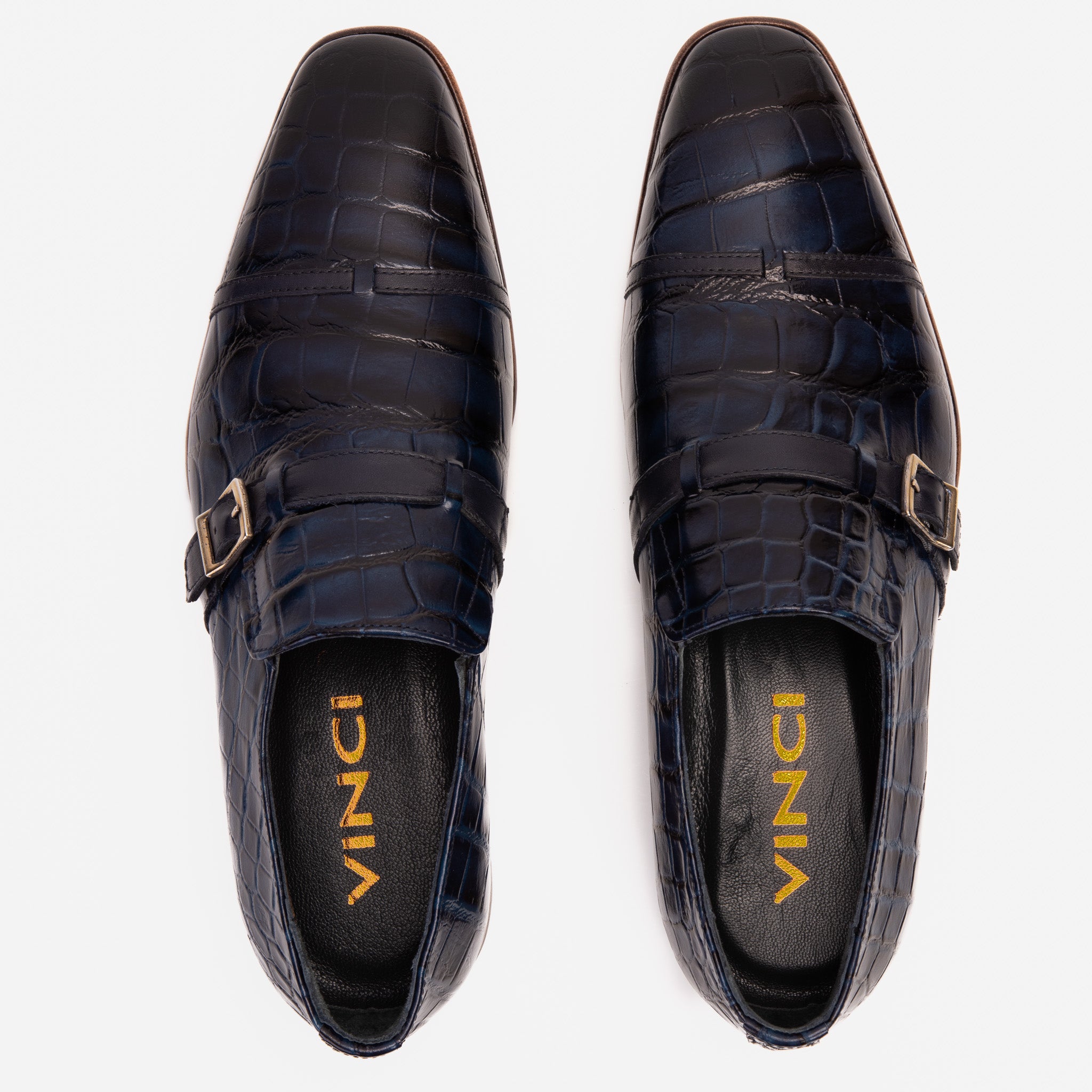 The Strat Single Monk Strap Cap Toe Navy Leather Handmade Shoe For Sale