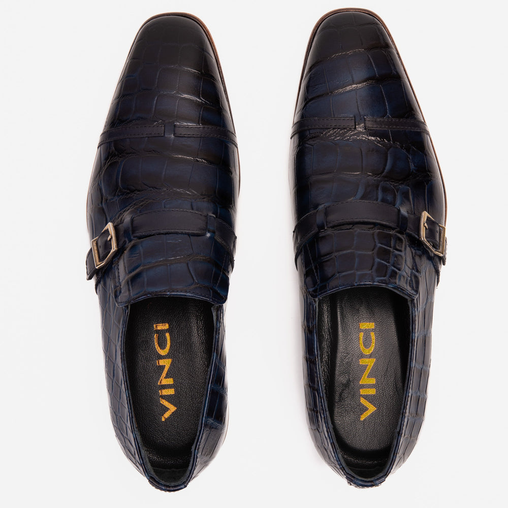 The Strat Single Monk Strap Cap Toe Navy Leather Handmade Shoe For Sale