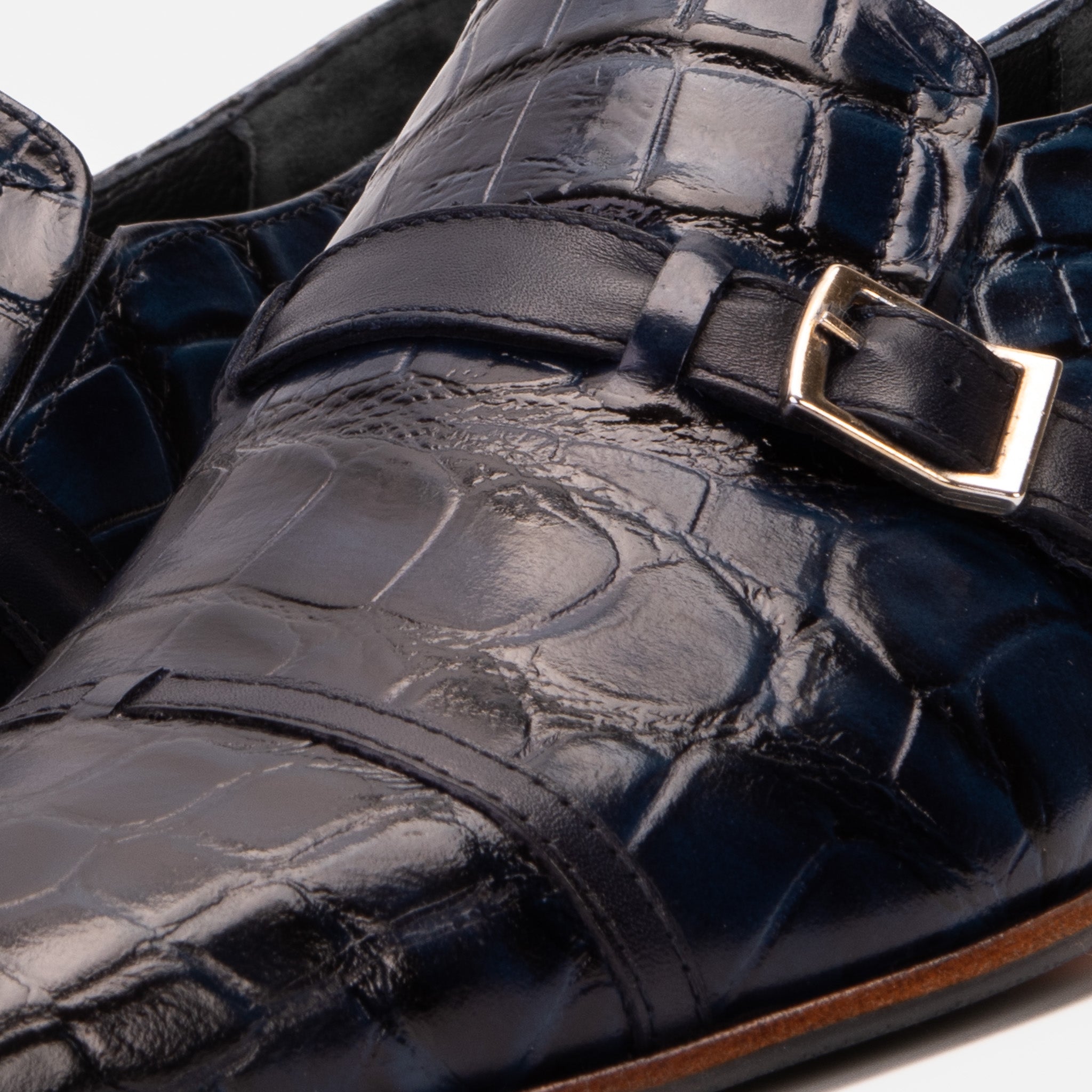The Strat Single Monk Strap Cap Toe Navy Leather Handmade Shoe For Sale