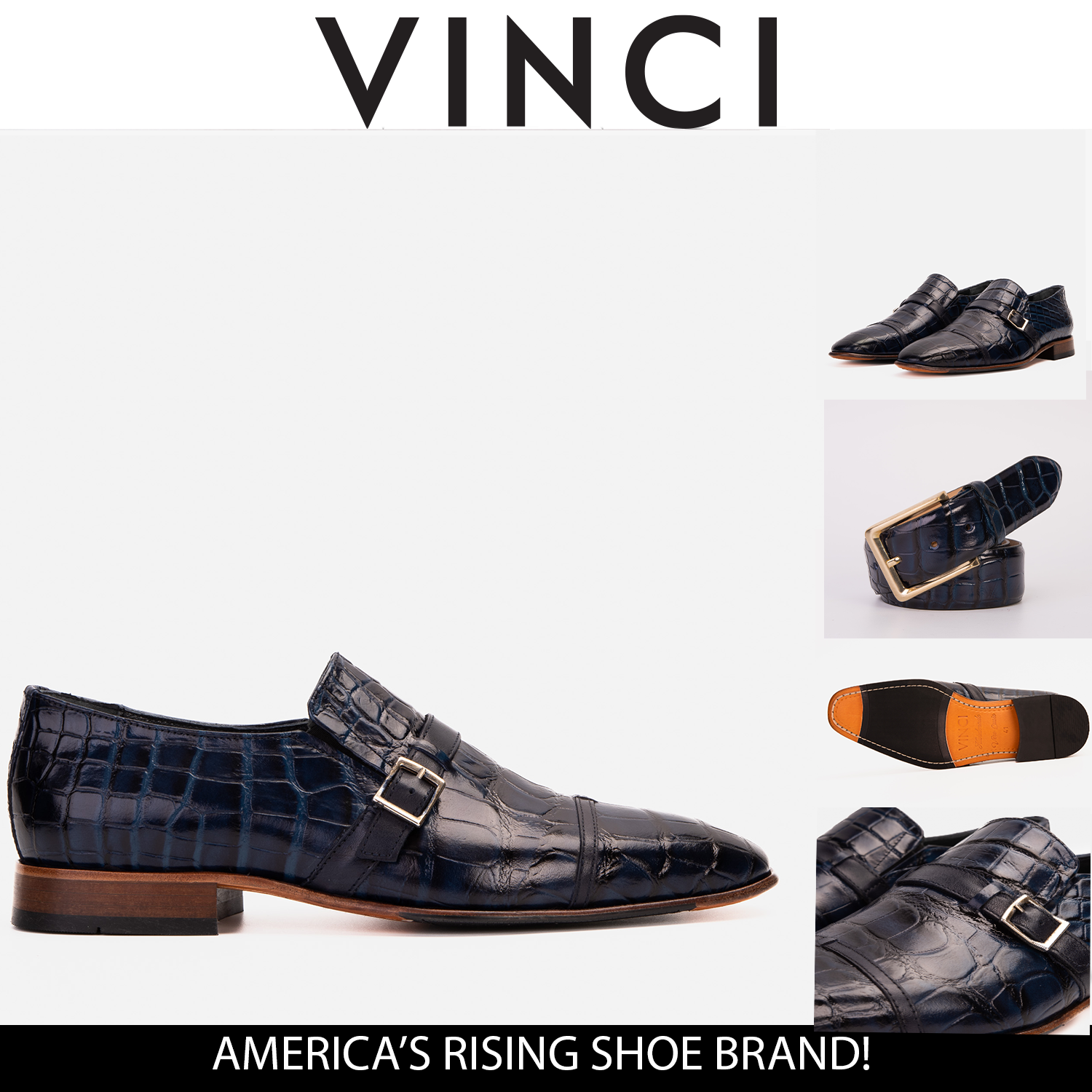 The Strat Single Monk Strap Cap Toe Navy Leather Handmade Shoe For Sale