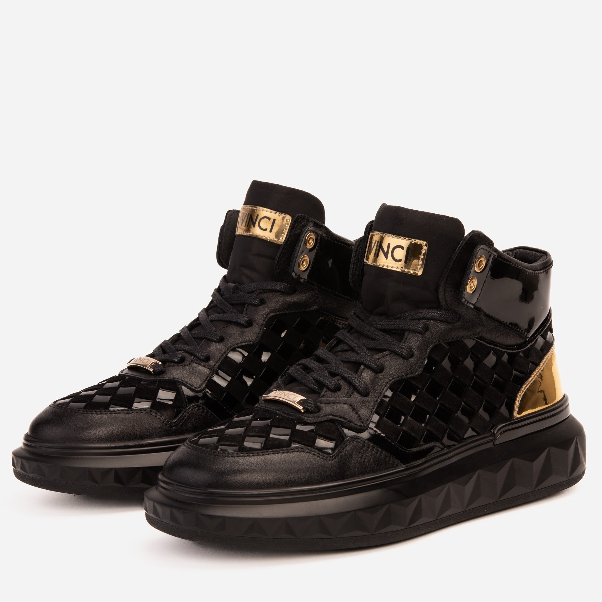 The Eugene Black Gold Woven Leather High-Top Sneaker Fine Craftsmanship