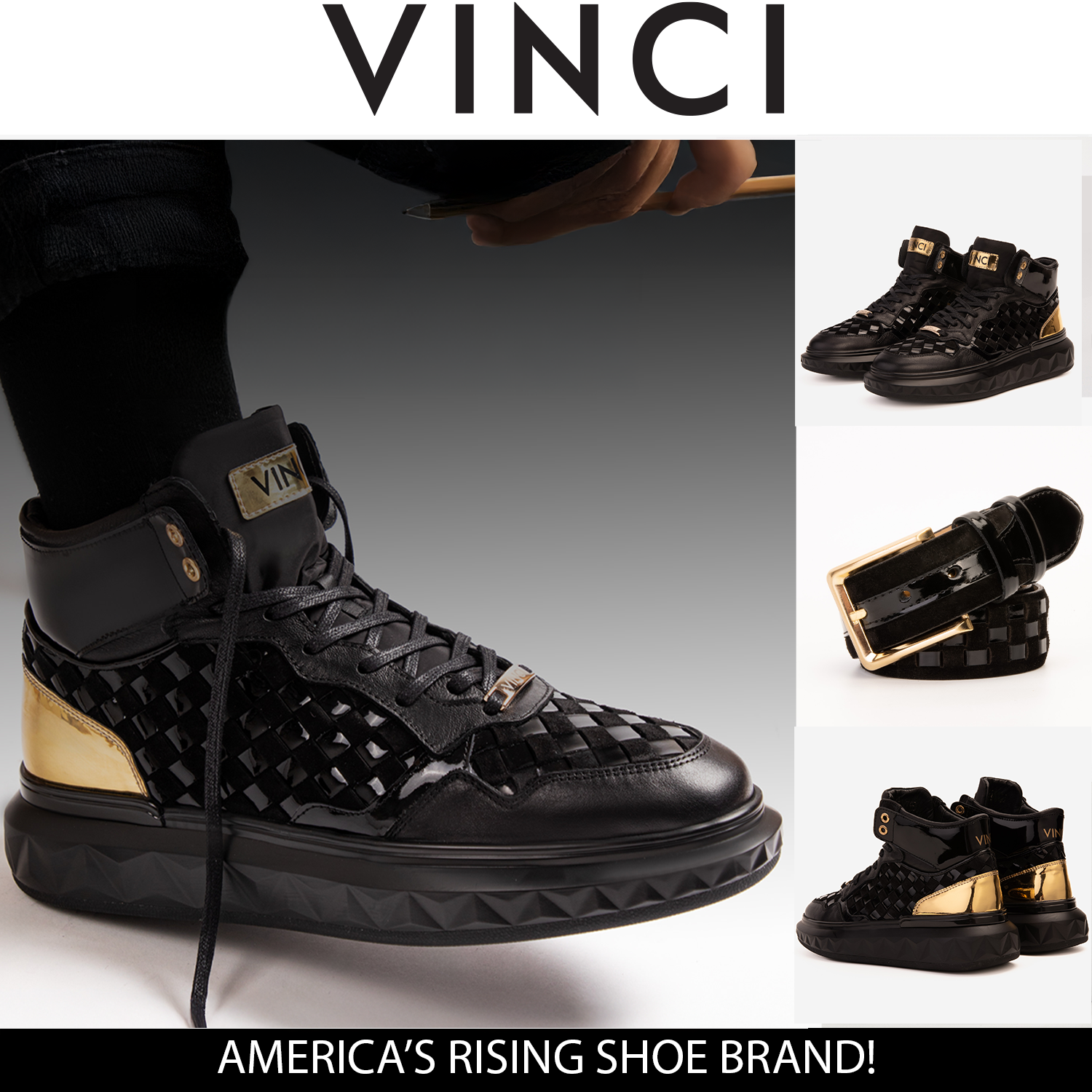 The Eugene Black Gold Woven Leather High-Top Sneaker Fine Craftsmanship