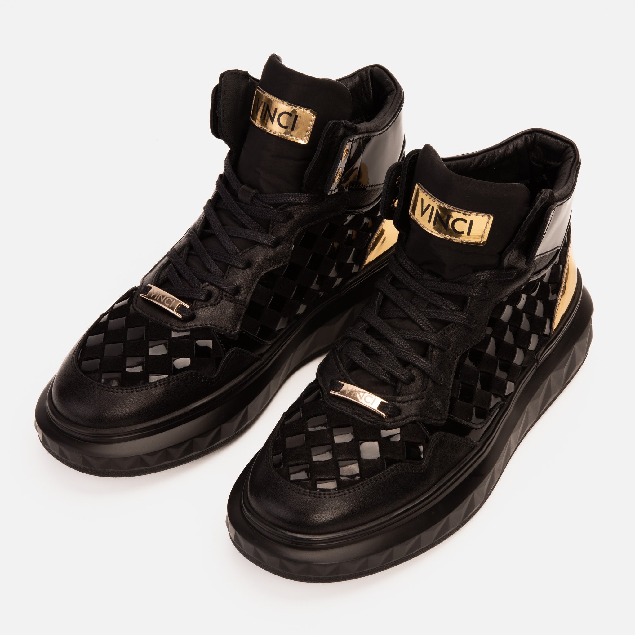 The Eugene Black Gold Woven Leather High-Top Sneaker Fine Craftsmanship