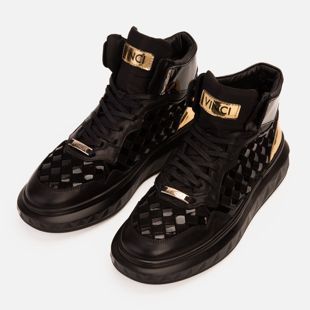 The Eugene Black Gold Woven Leather High-Top Sneaker Fine Craftsmanship