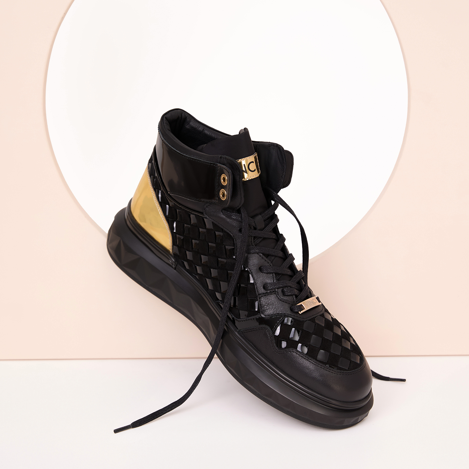The Eugene Black Gold Woven Leather High-Top Sneaker Fine Craftsmanship