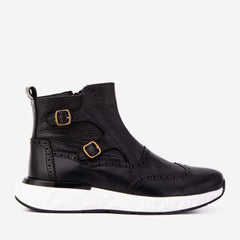The Stealth Wingtip Buckle Black Leather Boot Exclusive Style