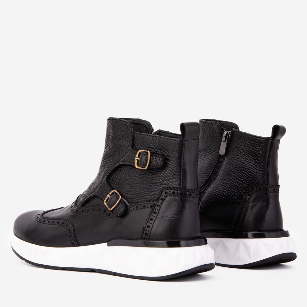 The Stealth Wingtip Buckle Black Leather Boot Exclusive Style