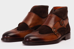 The Albus Tan Leather Suede Double Strap Monk Brogue  Boot Exclusive Style
