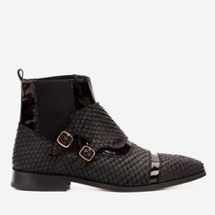 The Orion Black Snakeskin Pattern Leather Double Monk Strap Boot On Sale