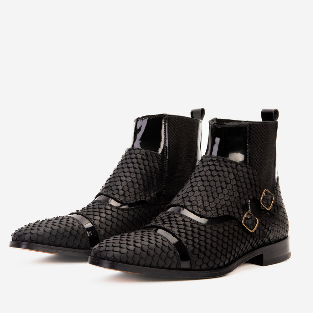 The Orion Black Snakeskin Pattern Leather Double Monk Strap Boot On Sale