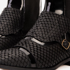The Orion Black Snakeskin Pattern Leather Double Monk Strap Boot On Sale