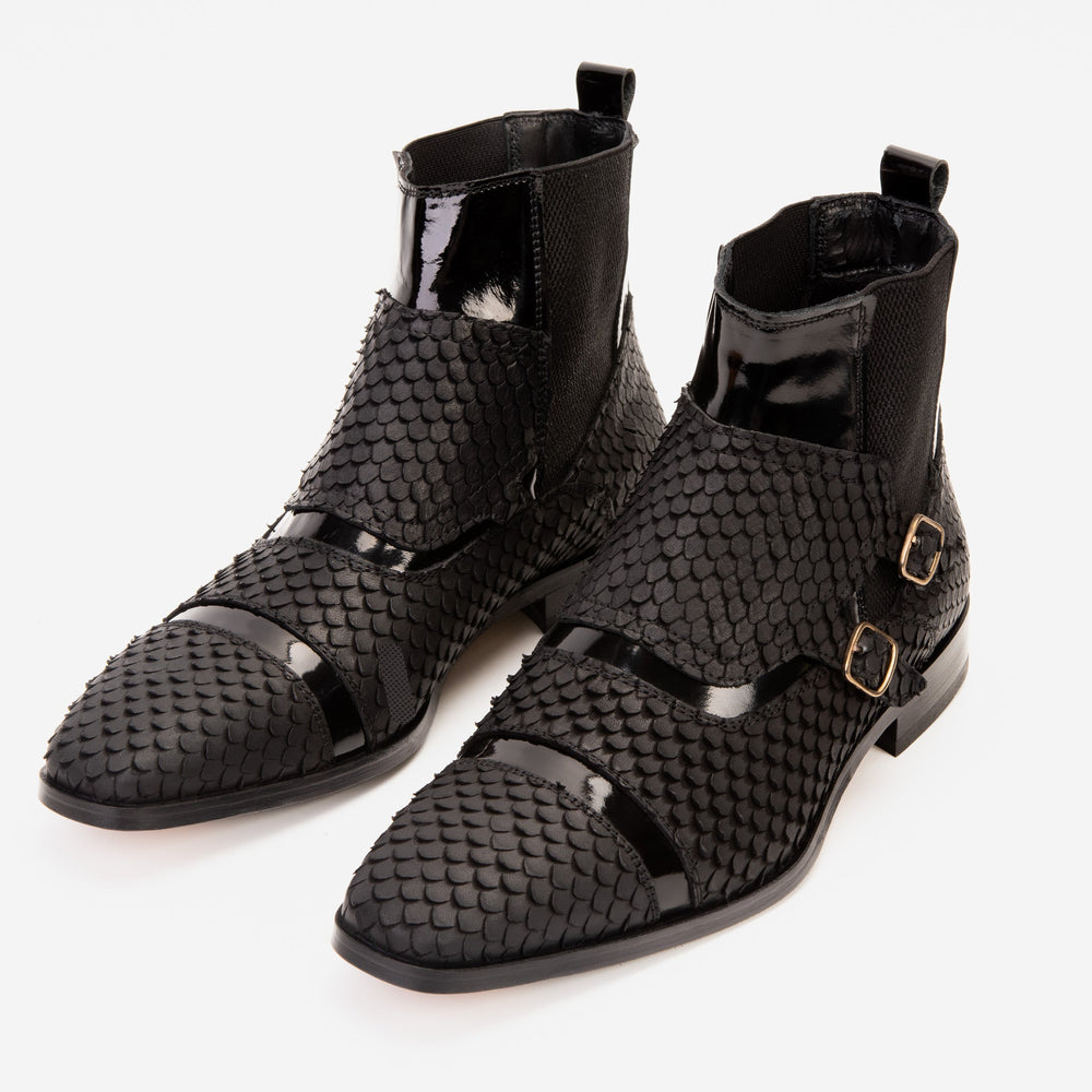 The Orion Black Snakeskin Pattern Leather Double Monk Strap Boot On Sale