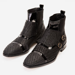 The Orion Black Snakeskin Pattern Leather Double Monk Strap Boot On Sale