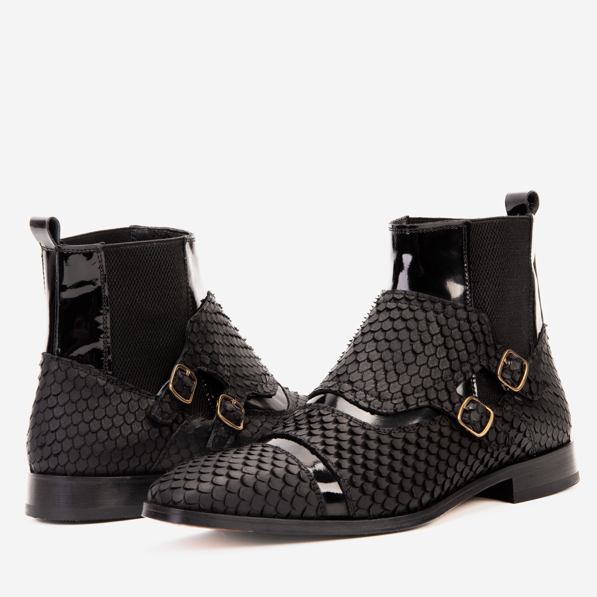 The Orion Black Snakeskin Pattern Leather Double Monk Strap Boot On Sale