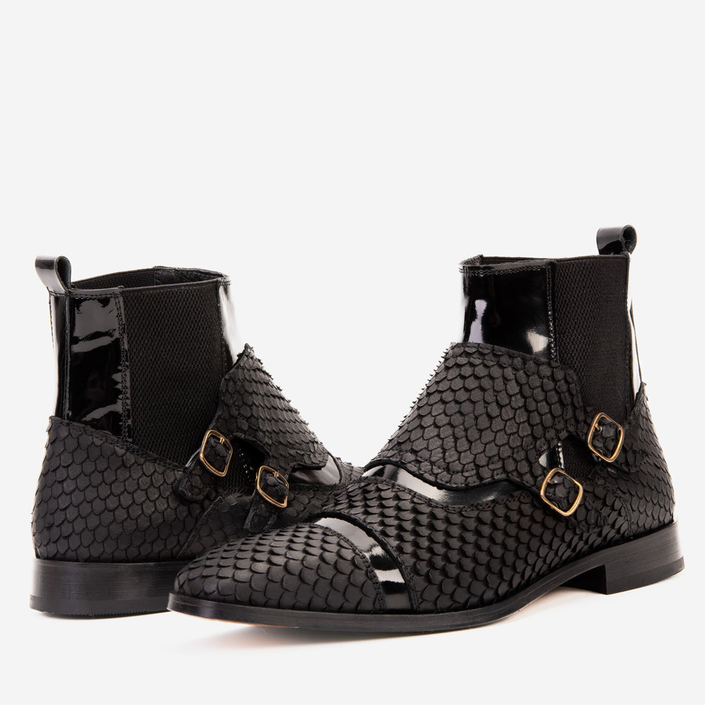 The Orion Black Snakeskin Pattern Leather Double Monk Strap Boot On Sale