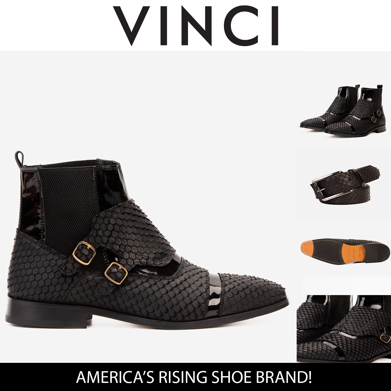 The Orion Black Snakeskin Pattern Leather Double Monk Strap Boot On Sale