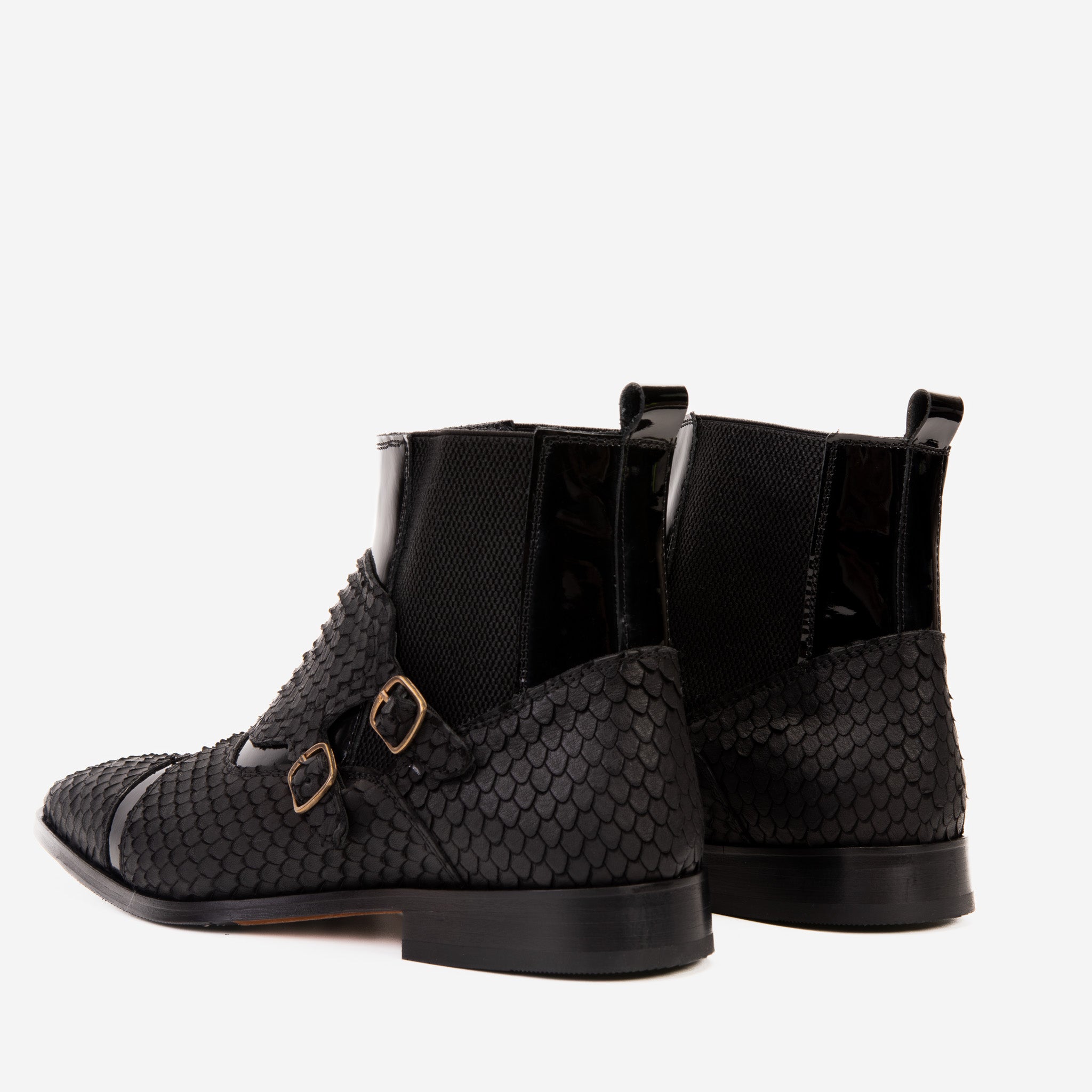 The Orion Black Snakeskin Pattern Leather Double Monk Strap Boot On Sale