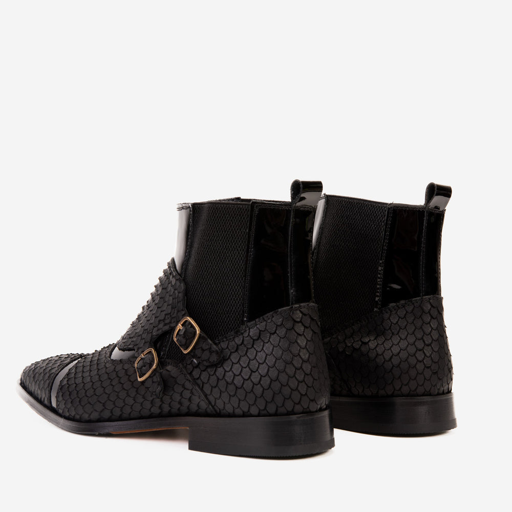 The Orion Black Snakeskin Pattern Leather Double Monk Strap Boot On Sale