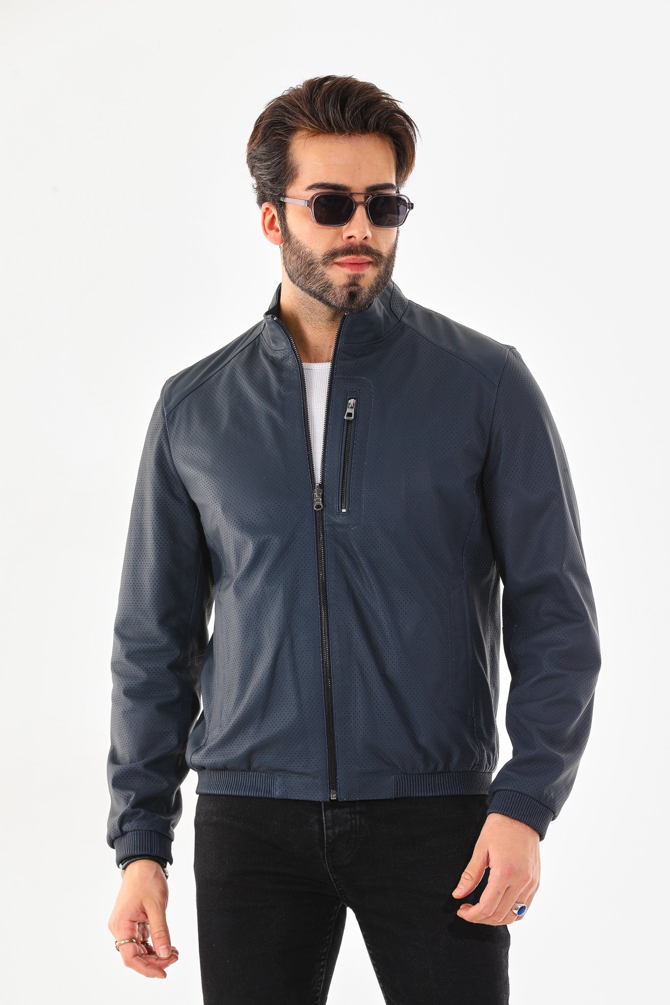 The Como Navy Blue Leather Bomber Jacket All New