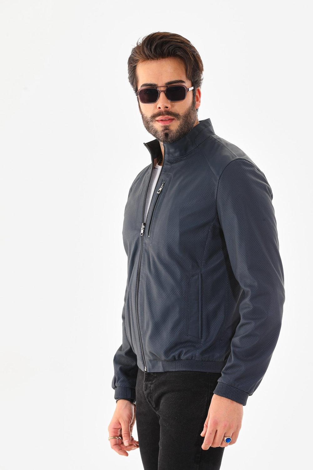 The Como Navy Blue Leather Bomber Jacket All New