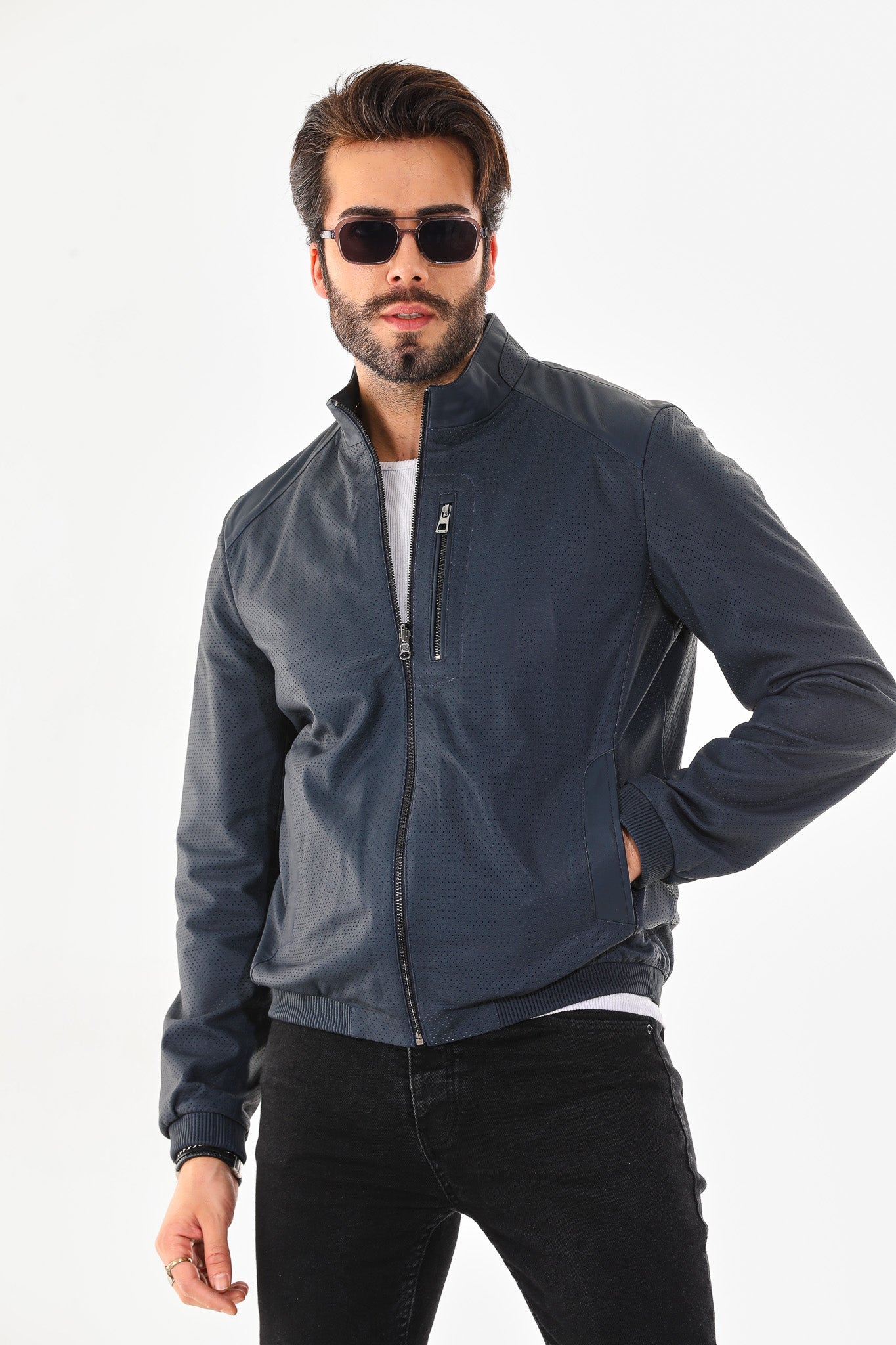 The Como Navy Blue Leather Bomber Jacket All New