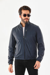 The Como Navy Blue Leather Bomber Jacket All New