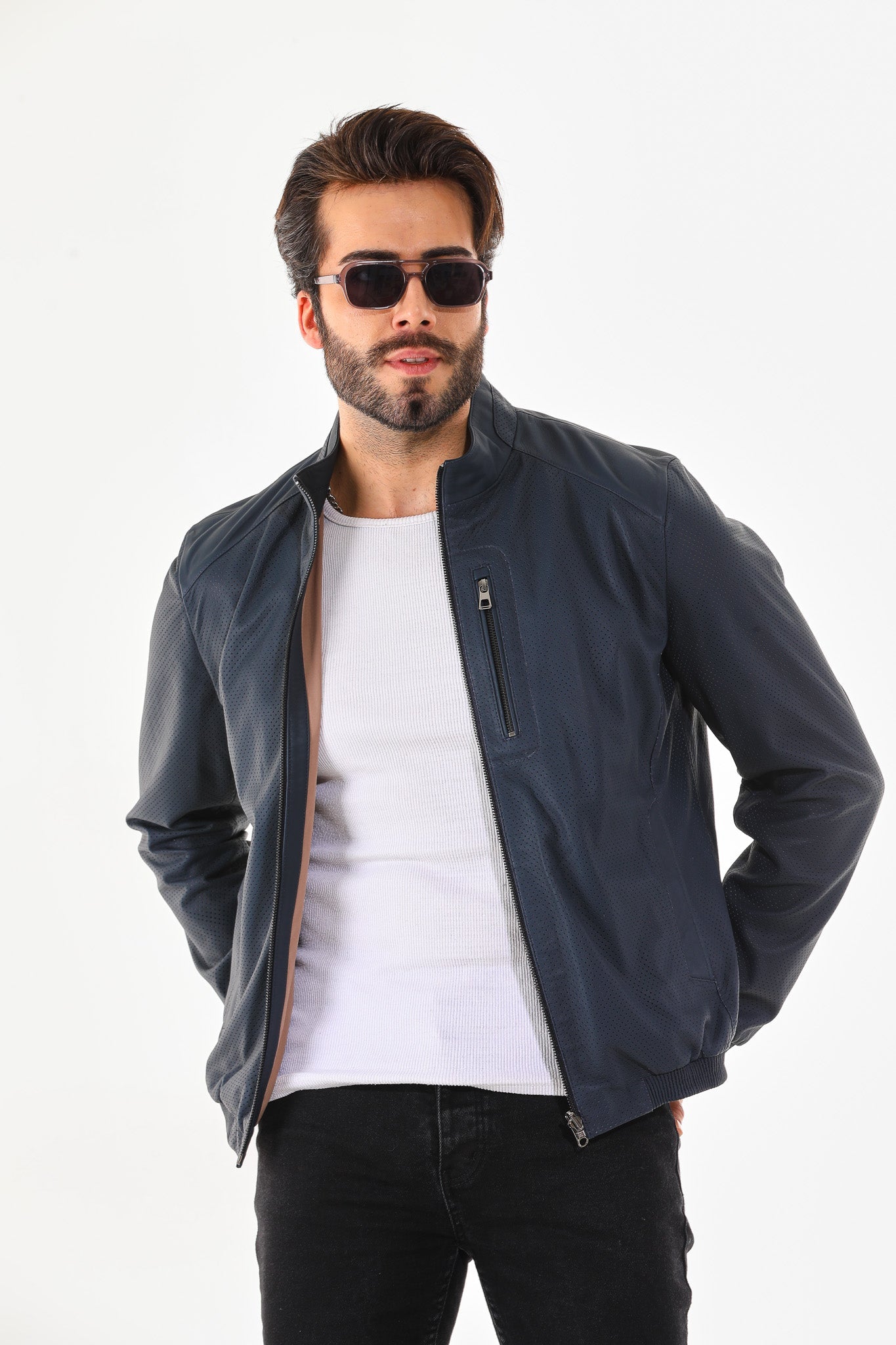 The Como Navy Blue Leather Bomber Jacket All New