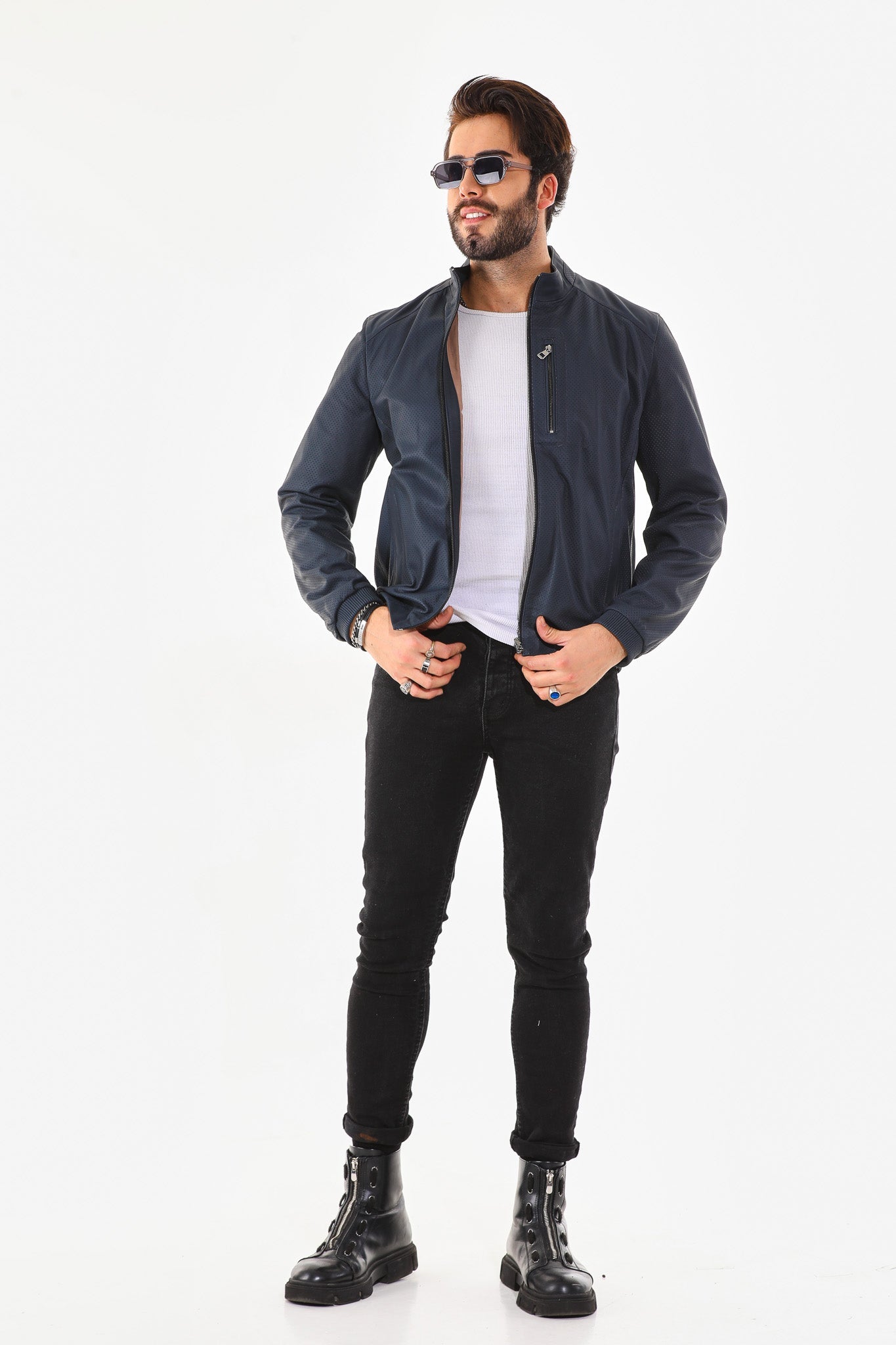 The Como Navy Blue Leather Bomber Jacket All New