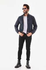 The Como Navy Blue Leather Bomber Jacket All New