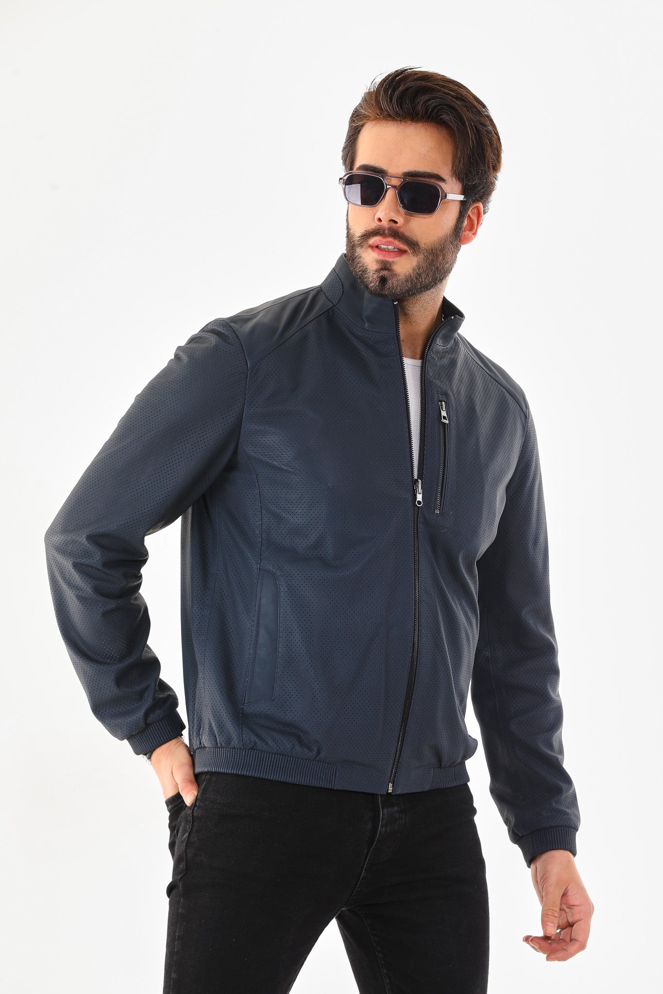 The Como Navy Blue Leather Bomber Jacket All New