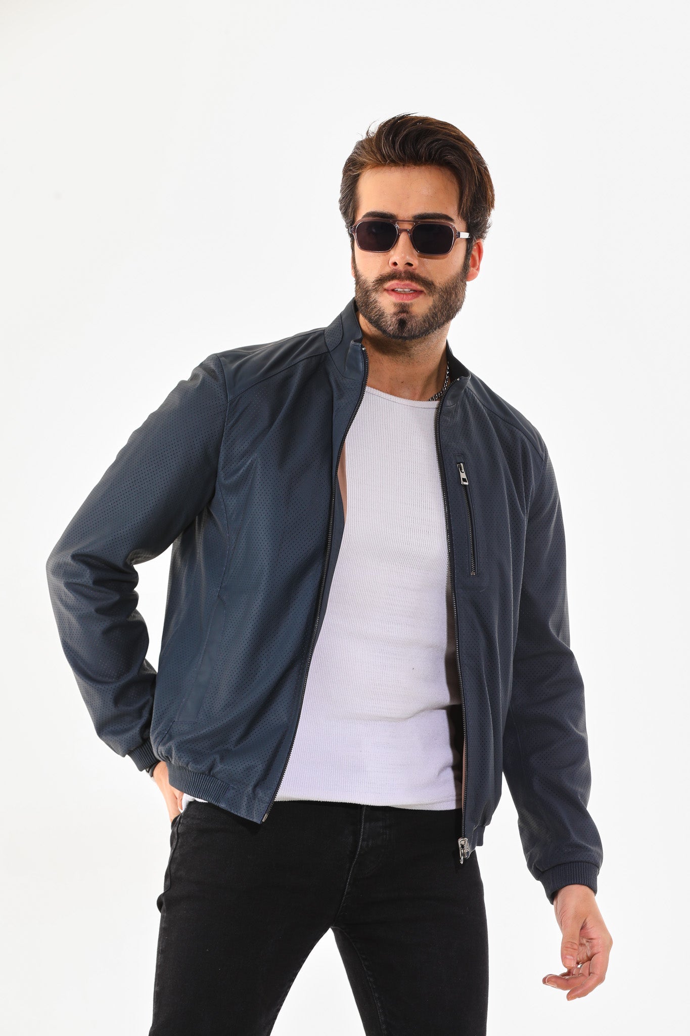 The Como Navy Blue Leather Bomber Jacket All New